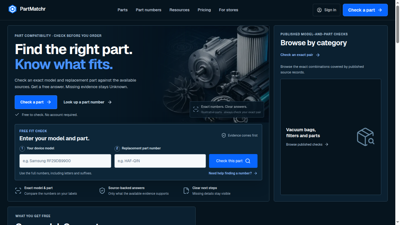 Public PartMatchr homepage recorded on 7 October 2026