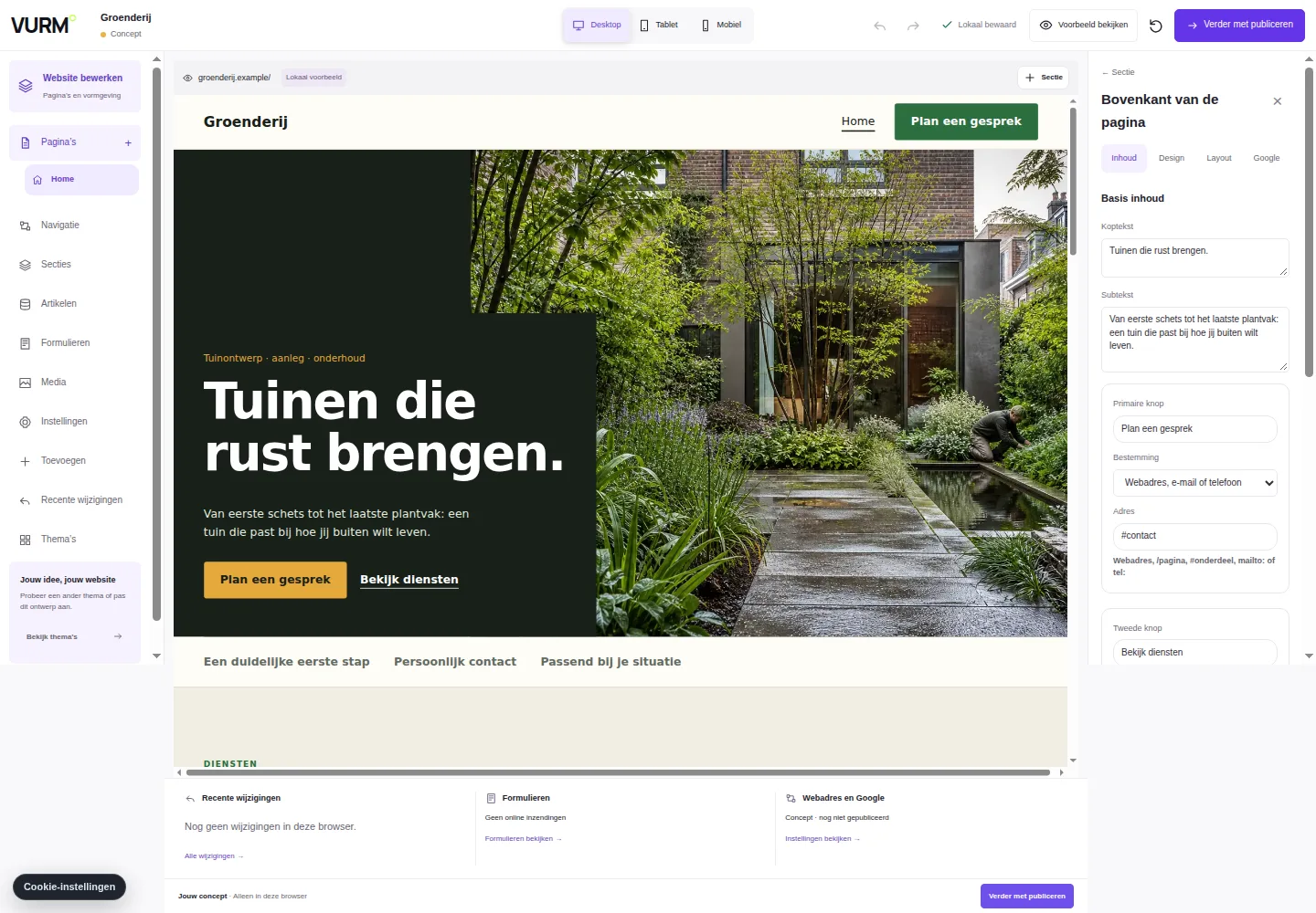 The VURM builder with an editable website